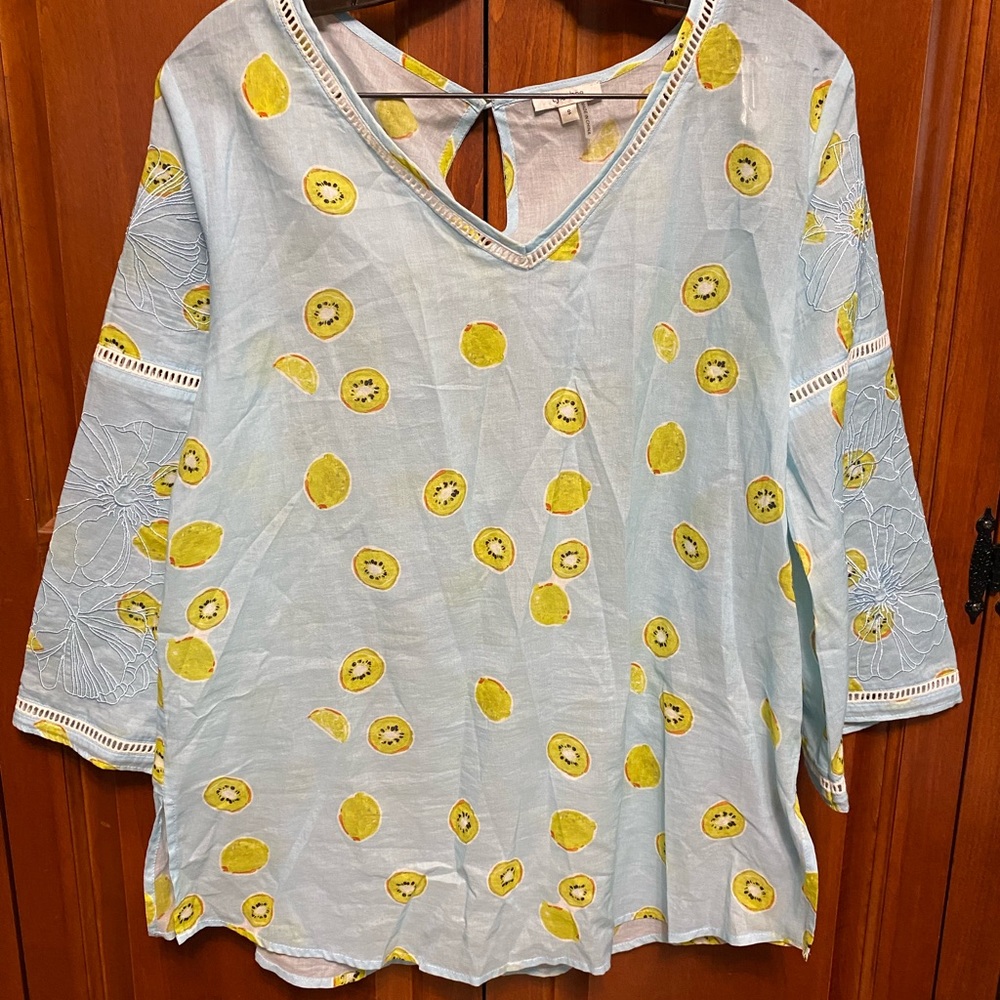 Tyler Boe Light Blue Blouse with Yellow Fruit Print